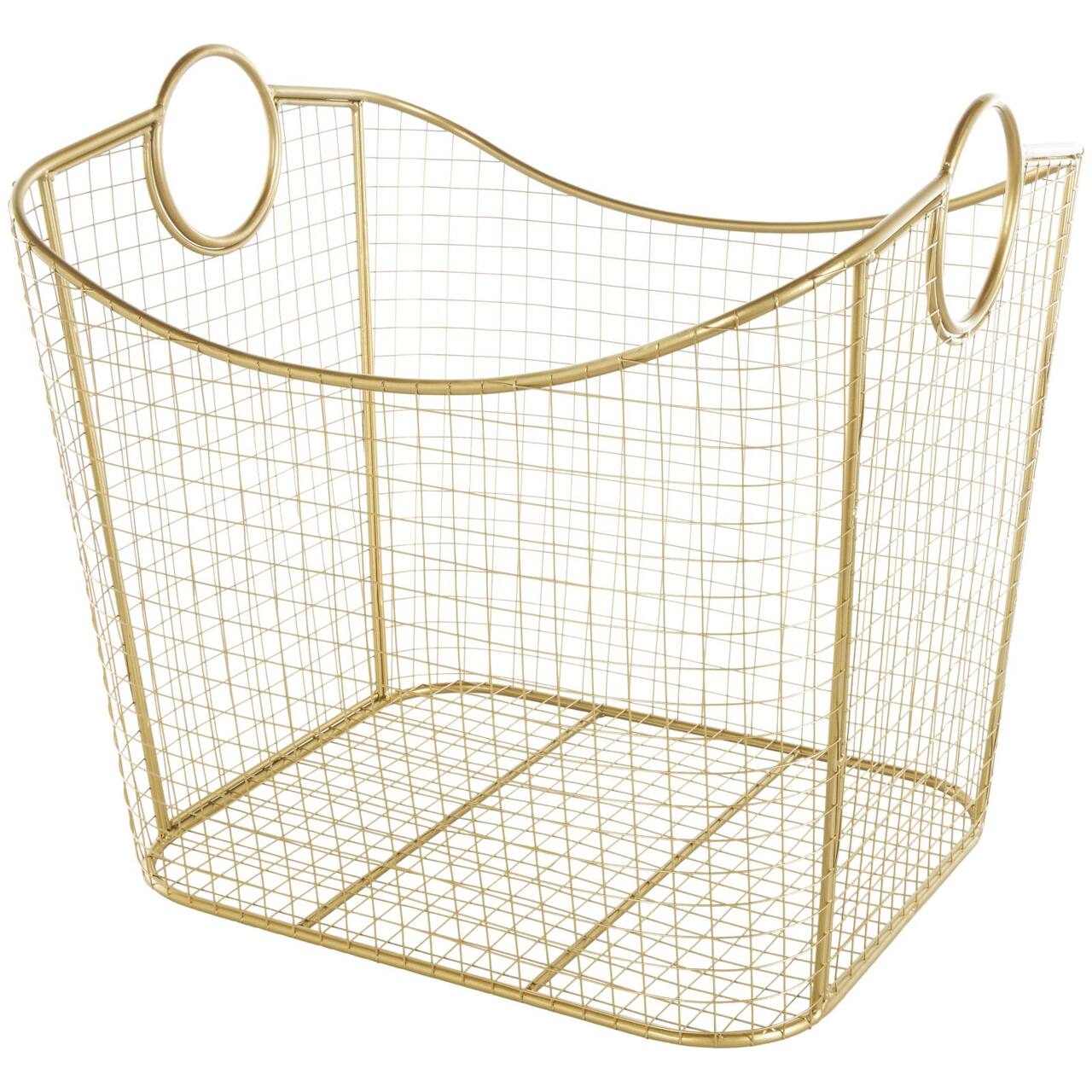 20" Gold Metal Storage Basket with Curved Sides & Ring Handles